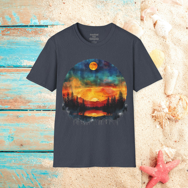 Moon Lake Sunset Unisex Graphic Tees! Summer Vibes! All New Heather Colors!!! Free Shipping!!!