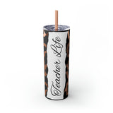 Teacher Life Cow Printed Skinny Tumbler with Straw, 20oz! Multiple Colors!