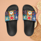 Boho Patchwork Navy and Yellow Summer Beach Slides, Women's PU Slide Sandals! Free Shipping!!!