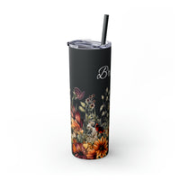 Custom Name Botanical Florals Fall Vibes Skinny Tumbler with Straw, 20oz! Multiple Colors!