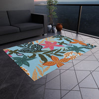 Boho Tropical Trees in Blue Outdoor Rug! Chenille Fabric! Free Shipping!