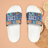 Boho Purple and Navy Tile Print Pink Summer Beach Slides, Women's PU Slide Sandals! Free Shipping!!!