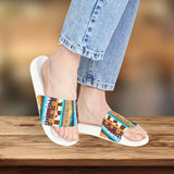 Boho Stripes Floral Print Summer Beach Slides, Women's PU Slide Sandals! Free Shipping!!!