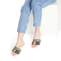 Boho Patchwork Navy and Yellow Summer Beach Slides, Women's PU Slide Sandals! Free Shipping!!!