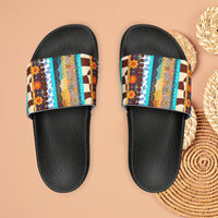 Boho Stripes Floral Print Summer Beach Slides, Women's PU Slide Sandals! Free Shipping!!!