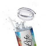 Teacher Life Rainbow Alcohol Ink Printed Skinny Tumbler with Straw, 20oz!