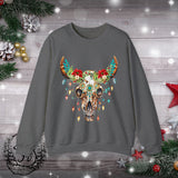 Highlander Cow Christmas Lights Skull Edition Unisex Heavy Blend Crewneck Sweatshirt!