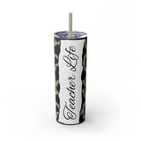 Teacher Life Cow Printed Skinny Tumbler with Straw, 20oz! Multiple Colors!