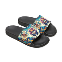 Boho Purple and Cream Tile Print Pink Summer Beach Slides, Women's PU Slide Sandals! Free Shipping!!!