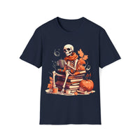 Halloween Vintage Skeleton Coffee and Books Unisex Graphic Tees! Fall Vibes!