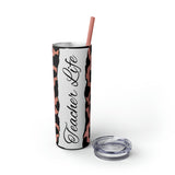 Teacher Life Cow Printed Skinny Tumbler with Straw, 20oz! Multiple Colors!