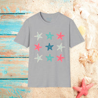 Pink and Blue Star Fish Medley Unisex Graphic Tees! Summer Vibes! All New Heather Colors!!! Free Shipping!!!