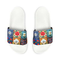 Boho Patchwork Navy and Yellow Summer Beach Slides, Women's PU Slide Sandals! Free Shipping!!!