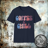 Coffee and Chill Purple and Blue Retro Unisex Graphic Tees! Sarcastic Vibes!