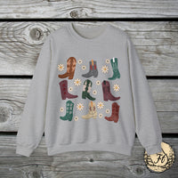 Vintage Daisy Boot Medley Unisex Heavy Blend Crewneck Sweatshirt! Christmas Gift For a Western Gal!