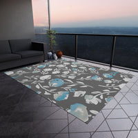 Boho Grey and Blue Floral Outdoor Rug! Chenille Fabric! Free Shipping!