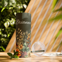 Custom Name Botanical Florals Fall Vibes Skinny Tumbler with Straw, 20oz! Multiple Colors!