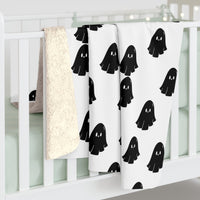 White and Black Happy Little Retro Ghost Sherpa Fleece Blanket! Halloween!