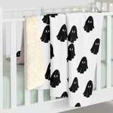 White and Black Happy Little Retro Ghost Sherpa Fleece Blanket! Halloween!