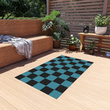 Teal Checkered Non Slip Outdoor Rug! Chenille Fabric! Free Shipping!