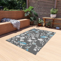 Boho Grey and Blue Floral Outdoor Rug! Chenille Fabric! Free Shipping!