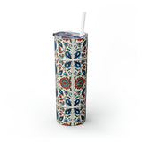 Western/Boho Inspired Teal Red and Cream Florals Skinny Tumbler with Straw, 20oz!