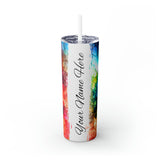 Custom Name Personalized Rainbow Alcohol Ink Printed Skinny Tumbler with Straw, 20oz!