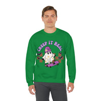 Creep it Real Skate Boarding Retro Ghost Unisex Heavy Blend Crewneck Sweatshirt! Halloween! Fall Vibes!