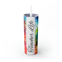 Teacher Life Rainbow Alcohol Ink Printed Skinny Tumbler with Straw, 20oz!