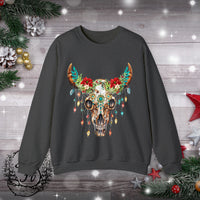 Highlander Cow Christmas Lights Skull Edition Unisex Heavy Blend Crewneck Sweatshirt!