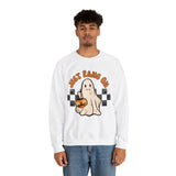 Just Fang On Retro Ghost Unisex Heavy Blend Crewneck Sweatshirt! Halloween! Fall Vibes!