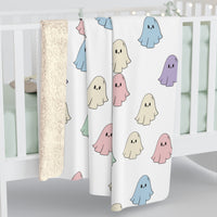 White Pastel Happy Little Retro Ghost Sherpa Fleece Blanket! Halloween!