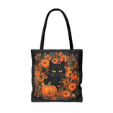 Floral Orange Pumpkin Cat Wreath Fall Vibes Tote Bag!