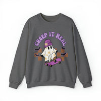 Creep it Real Skate Boarding Retro Ghost Unisex Heavy Blend Crewneck Sweatshirt! Halloween! Fall Vibes!