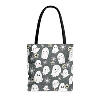 Steel Grey Happy Little Retro Ghost Halloween Fall Vibes Tote Bag!