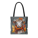Steel Grey Highlander Cow Wearing Scottish Scarf Fall Vibes Tote Bag!