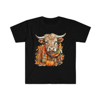 1 Highlander Cow Wearing Scottish Inspired Fall Themed Scarf Unisex Graphic Tees! Halloween/Fall Vibes!