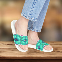 Boho Patchwork Aztec Aqua Blue Summer Beach Slides, Women's PU Slide Sandals! Free Shipping!!!