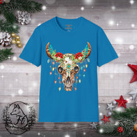 Highlander Christmas Cow Skull Christmas Lights Wreath Unisex Graphic Tees! Winter Vibes! All New Heather Colors!!!