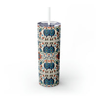 Western/Boho Inspired Teal Red and Cream Florals Skinny Tumbler with Straw, 20oz!