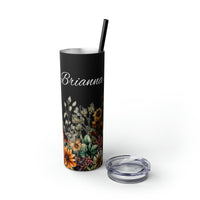 Custom Name Botanical Florals Fall Vibes Skinny Tumbler with Straw, 20oz! Multiple Colors!