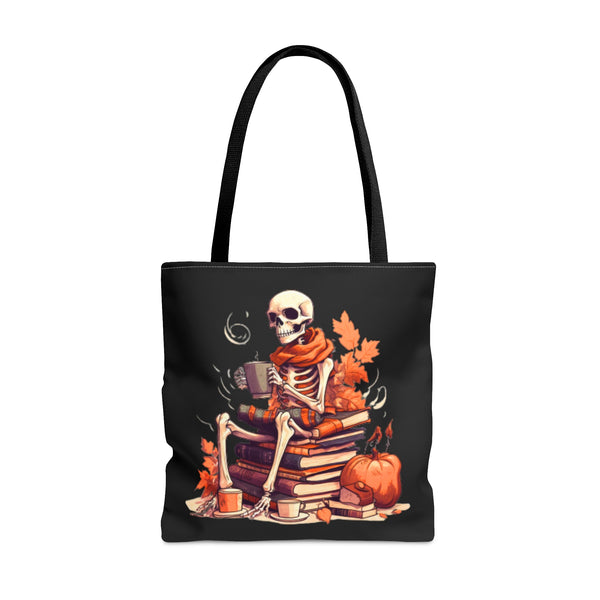 Skeleton Spooky Book Stack Halloween Fall Vibes Tote Bag!