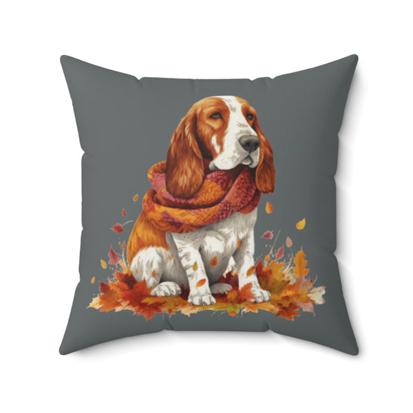 Autumn Basset Hound Sitting in Leaves Square Pillow! Halloween! Fall Vibes!