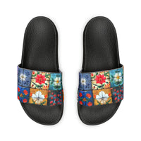 Boho Patchwork Navy and Yellow Summer Beach Slides, Women's PU Slide Sandals! Free Shipping!!!