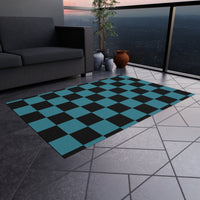 Teal Checkered Non Slip Outdoor Rug! Chenille Fabric! Free Shipping!