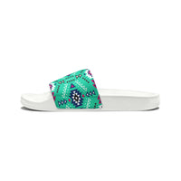 Boho Patchwork Aztec Aqua Blue Summer Beach Slides, Women's PU Slide Sandals! Free Shipping!!!