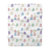 White Pastel Happy Little Retro Ghost Sherpa Fleece Blanket! Halloween!