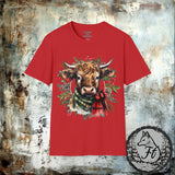 1 Highlander Christmas Cow With Wreath Unisex Graphic Tees! Winter Vibes! All New Heather Colors!!!