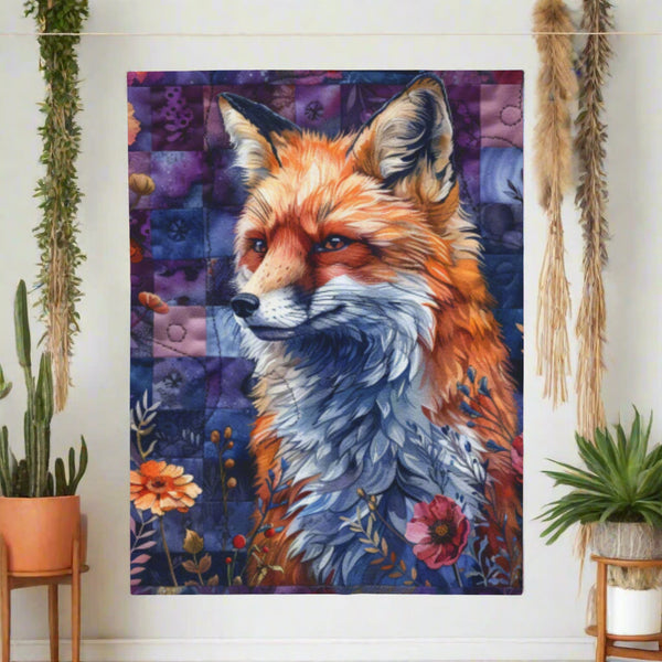 Plush Blanket - Purple Fox Patchwork Quilt Print Design