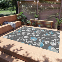 Boho Grey and Blue Floral Outdoor Rug! Chenille Fabric! Free Shipping!